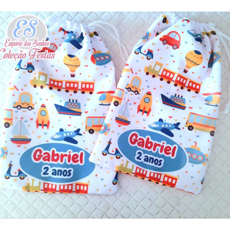 sacolinhas MEIOS DE TRANSPORTE personalizadas para lembrancinha de aniversário festa batizado