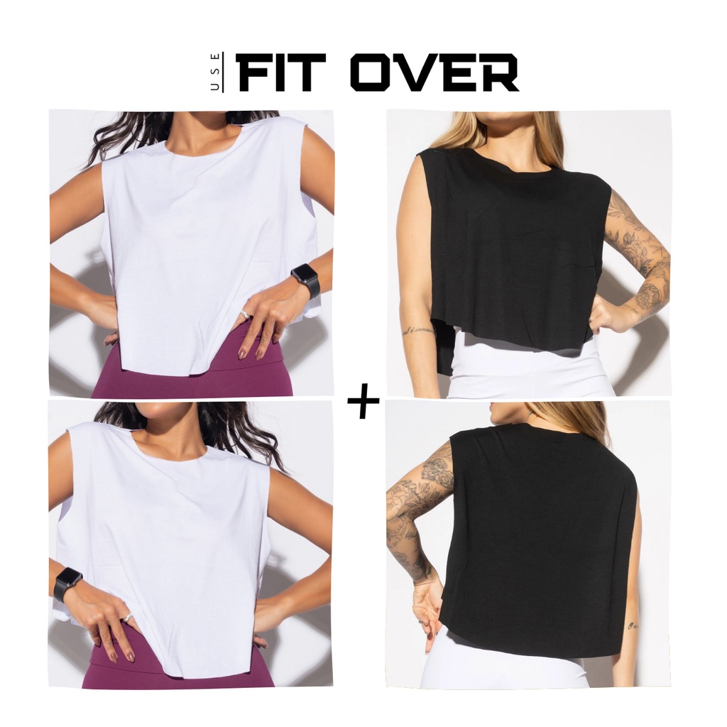 Kit 2 croppeds fitness - branco + preto - academia - crossfit - fit over em Oferta na Shopee