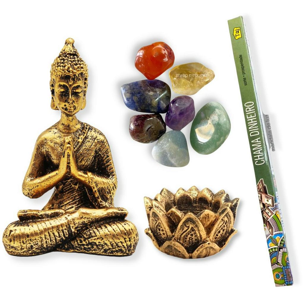 Imagem Kit Estátua de Buda + Castiçal + 7 Pedras dos Chakras + Incenso Chama Dinheiro - C