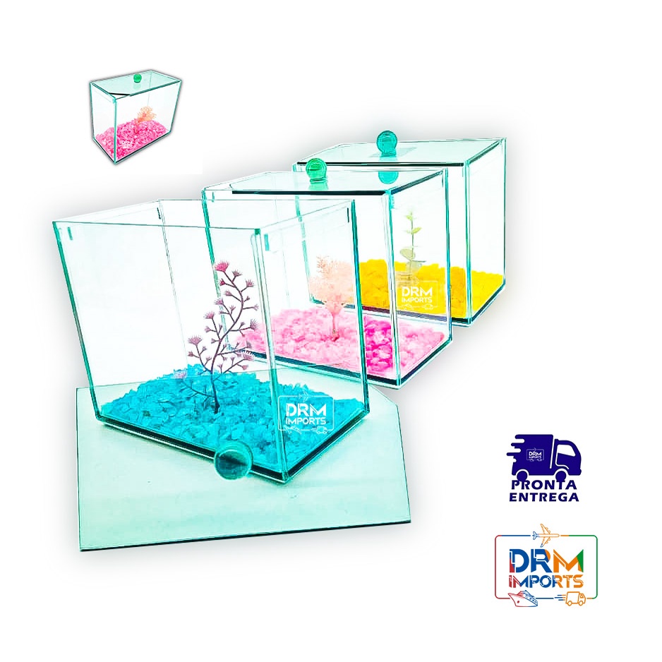 Aquário Beteira Tubular 17x9x14 Decorado Peixes Betta Planta