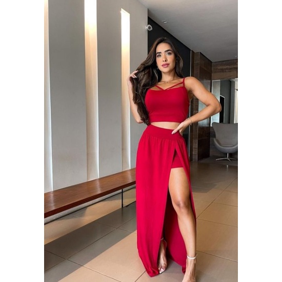 Conjunto Saia com short e Cropped  de alça  e bojo em Oferta na Shopee