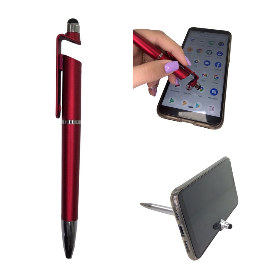 Caneta Vermelha Ponta Media Touch + Apoio Universal Tablet Celular Escrita Azul