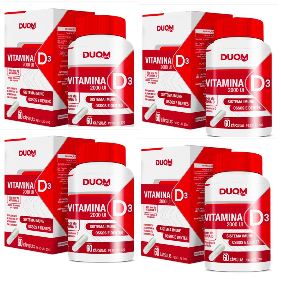 Kit com 4 Vitamina D3 2000UI Alto Teor de Vitamina D 1 Cápsula ao Dia Duom 60 Cápsulas