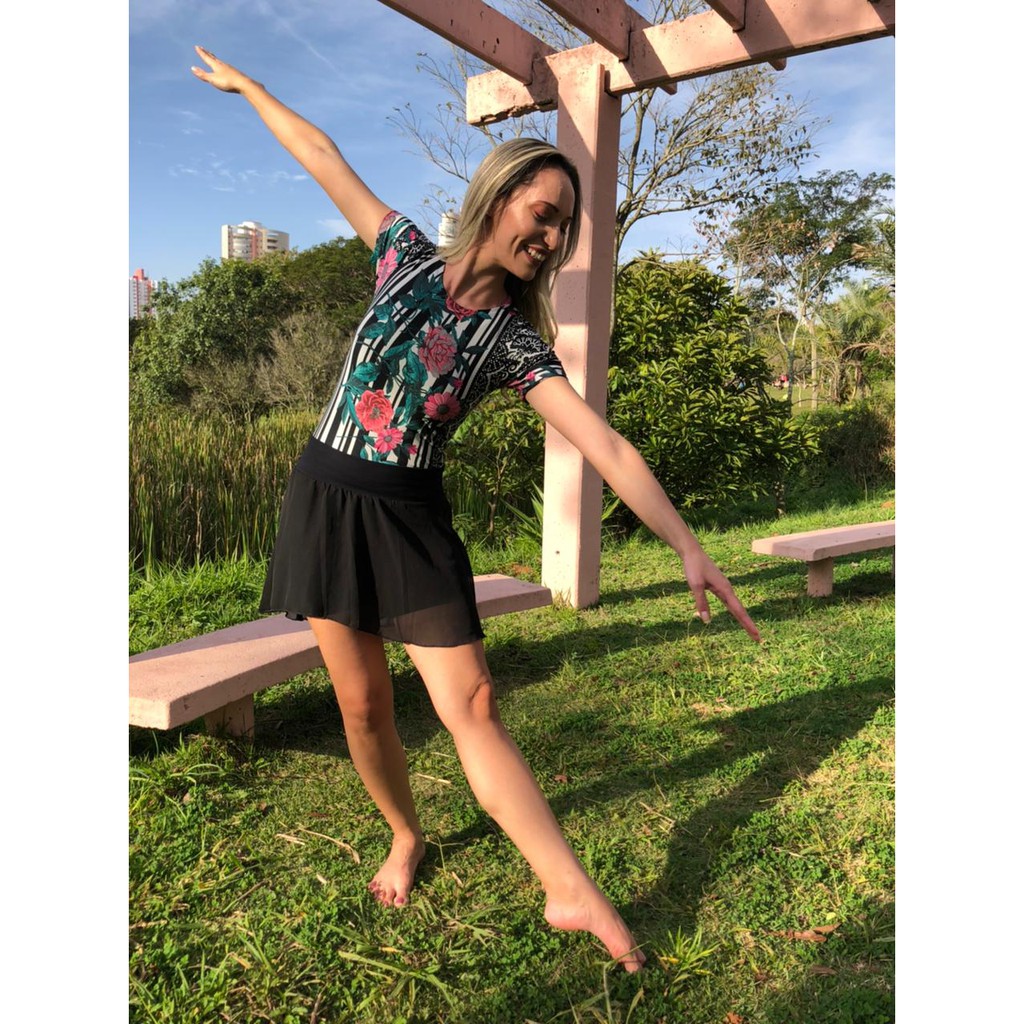Collant/bory de ballet adulto - Moda fitness e academia (floral preto)