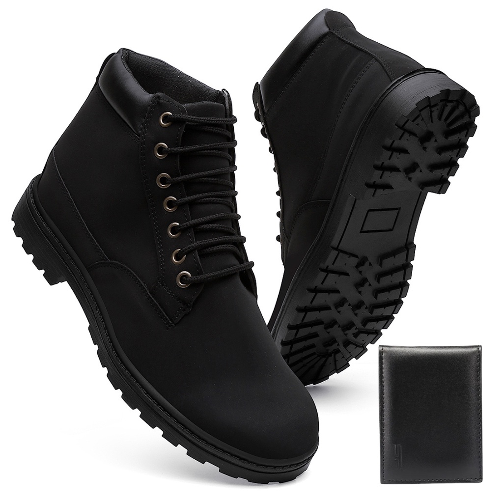 Bota Masculina Casual Couro Vegano Preta Cano Curto Lançamento Promoção + Carteira