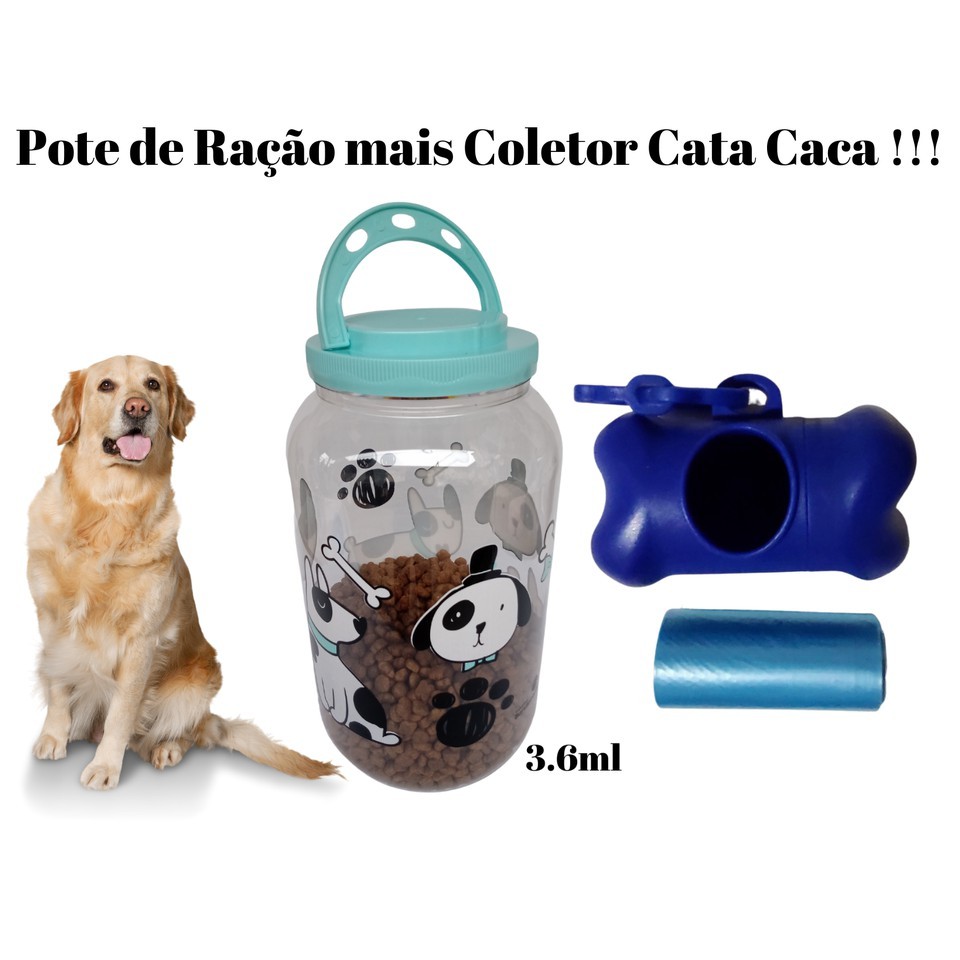 KIT Pote Porta Ração Cachorros  Cães Gato gatos Tampa com Rosca e Alça + Coletor Cata Caca contendo um Refil com vinte saquinhos - Para Armazenar Ração do seu PET, acessorios essenciais para seu animal, cachorro caes, filhote, filhotes TOP DOG SHOP pote p