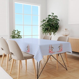 Toalha De Mesa Listrada Coelho Páscoa Luxo 6 Lugares Tecido Estampado Retangular 2,20 X 1,40