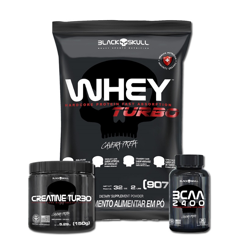 Kit Combo Suplementos Whey Turbo 907g + Creatina 150g + BCAA 30 Tabs - Black Skull