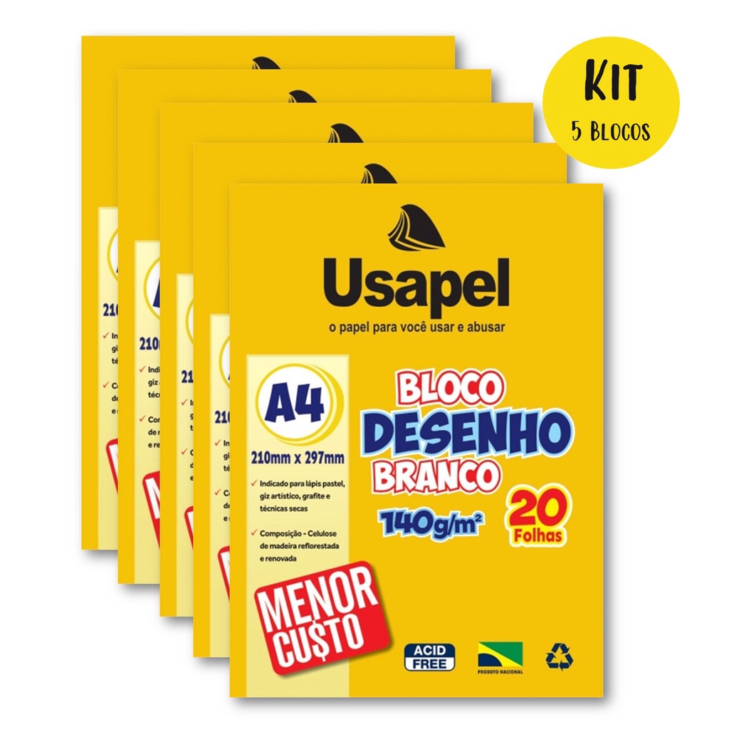 Bloco de Desenho A4 Kit 5 Blocos 20 folhas Gramatura 140g Branco Ideal Desenho Pintura Colagem Artes Escolar Infantil em Oferta na Shopee
