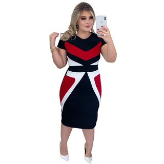 Vestido Mídi Moda Evangélico Tricolor Paola Preto e Vermelho