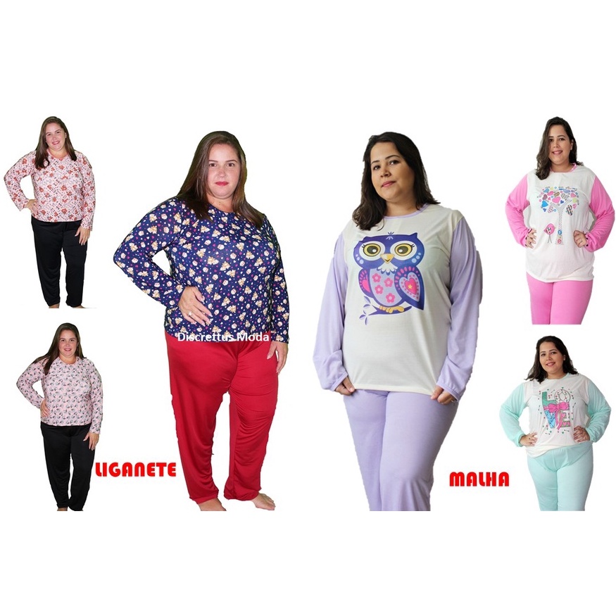 Conjunto Pijama Liganete / Malha Longo Plus SizeInverno Dormir Blusa Estampada Calça Lisa Hospital 50 - 52 - 54 Feminino