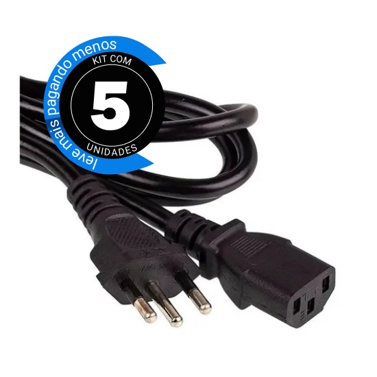 Kit 5 Cabo De Força 10A Energia Tripolar 1,20 Metros Para Monitores Fontes Eletroportáteis