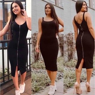Vestido Midi Feminino Canelado Tubinho Ziper Longuete Justo