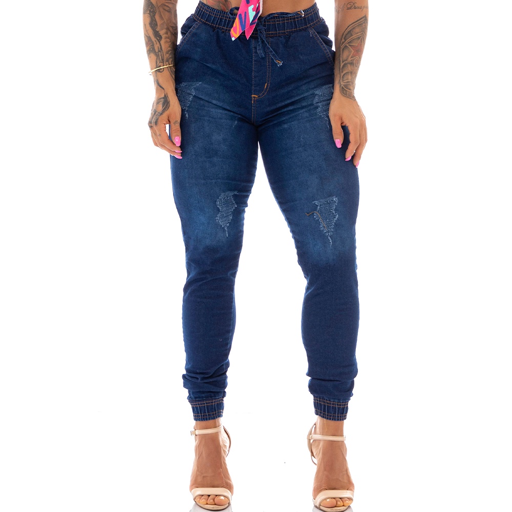 Home country Red Teaching calça jeans feminina jogger com punho azul clara | Shopee Brasil