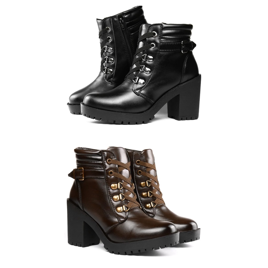 Bota Coturno Feminino Cano Curto Salto Alto Confortável Blogueira Tratorada Plataforma Kit 2 Pares