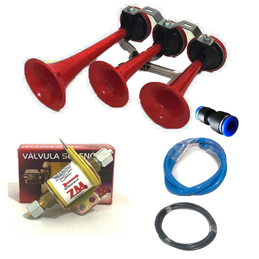 Buzina A Ar 3 Cornetas Verdureiro Para Caminhão Onibus com  Vávula Solenoide Eletrica 24v.