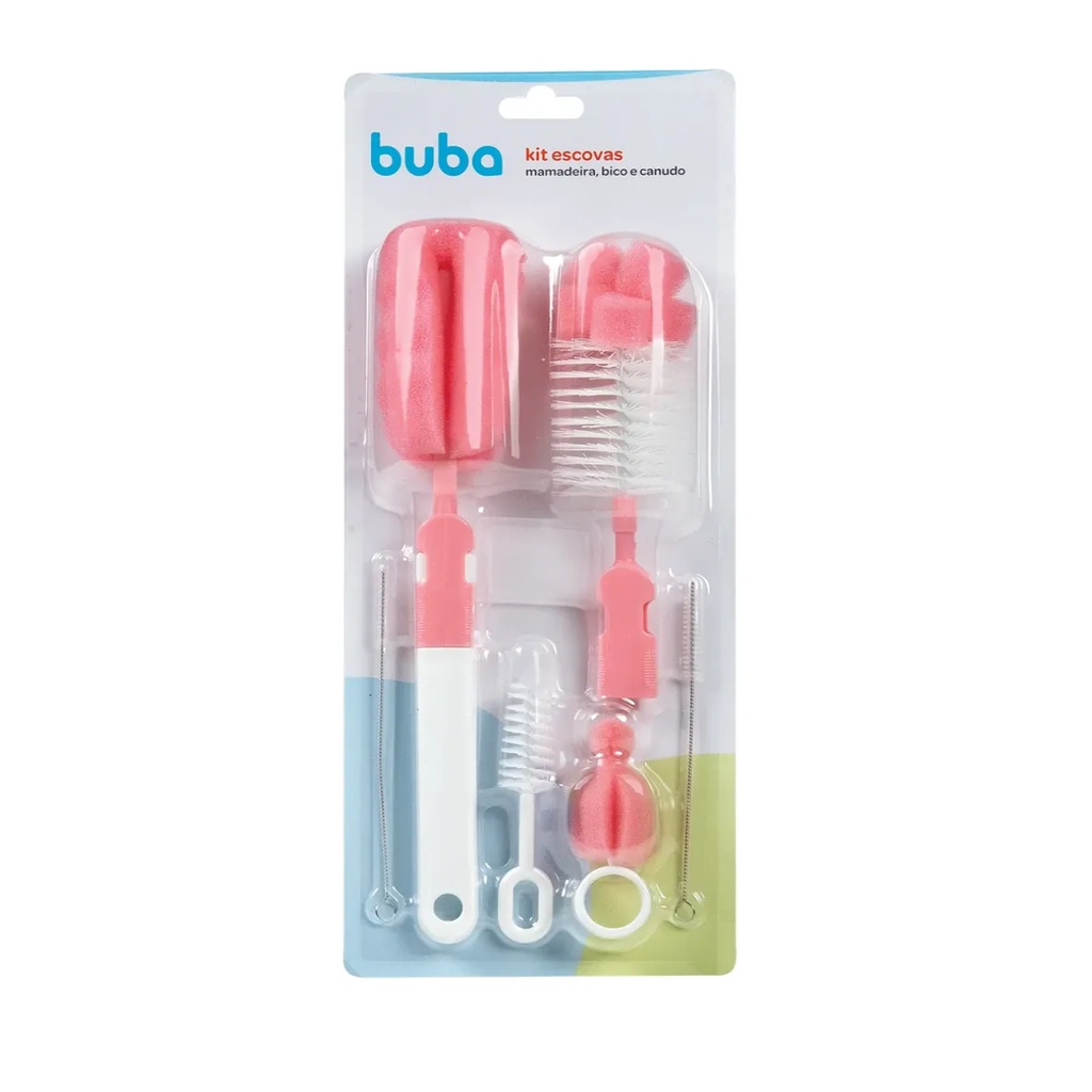 Kit Escovas para Mamadeiras, Bico e Canudo Rosa 7291 - Buba