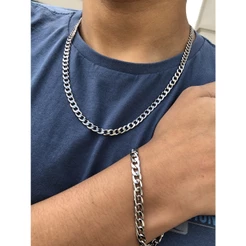 Corrente Cordão Masculino Prata Grumet + Pulseira Conjunto Kit Aço Inox 316