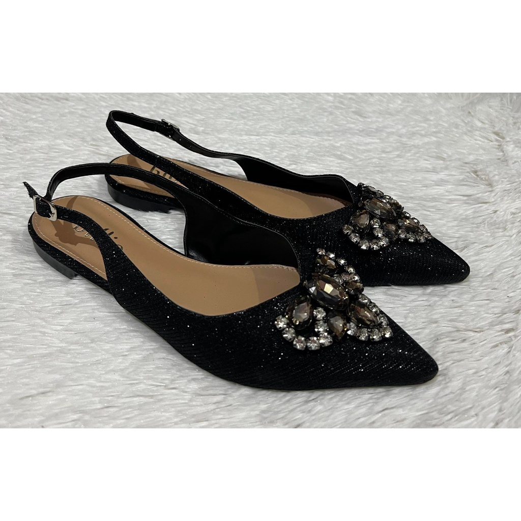 Mule Sapatilha Feminina Pedraria Gliter Preto Luxo Festa