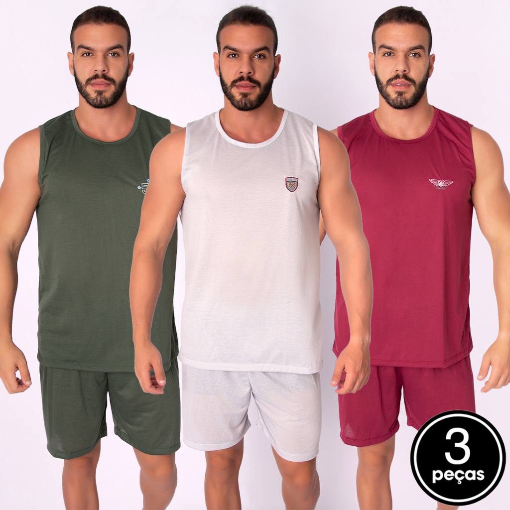 Promoção Kit 3 Pijama Regata Liso Masculino Adulto Verão Curto Short Malha Dormir Básico