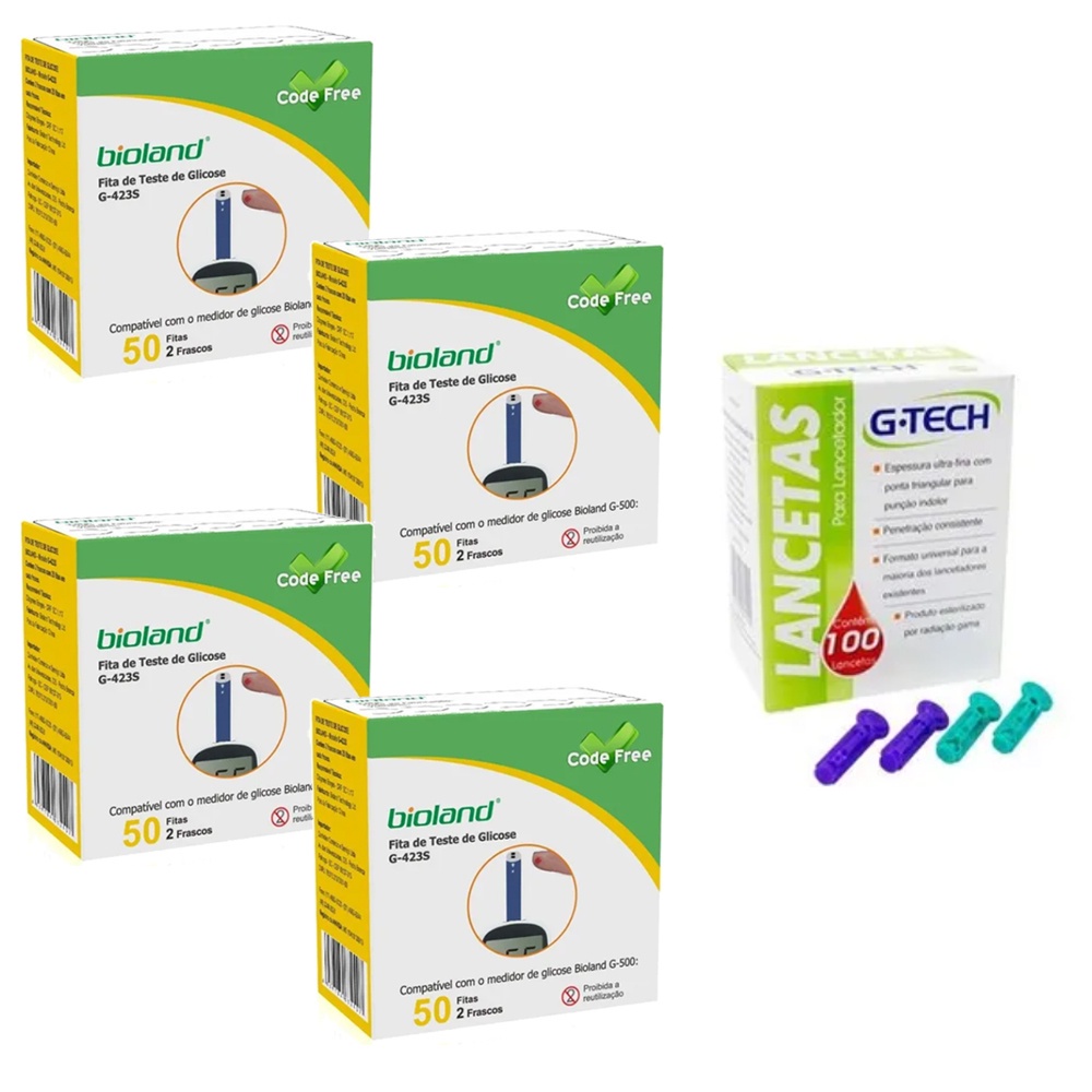 Kit 200 tiras / fitas para Medir Glicose Bioland + 100 lancetas