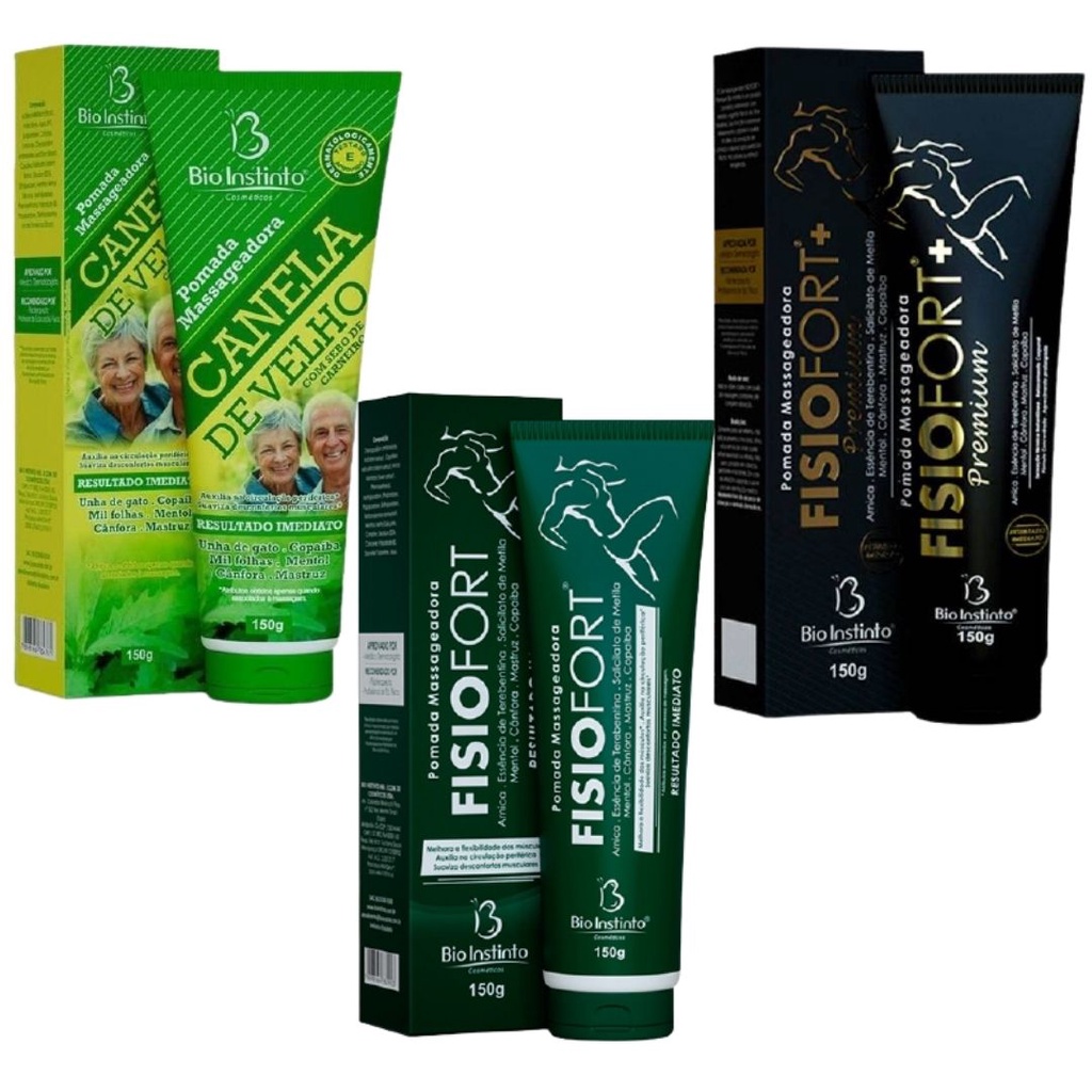 Kit C/3 Unidades Pomada Massageadora Canela de Velho Original 150g, Pomada Massageadora Fisiofort 150g, Pomada Massageadora Fisiofort Premium 150g - Bio Instinto