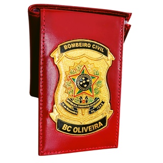 Porta Documentos em Couro com Brasão - Bombeiro civil personalizada com nome profissão promoção