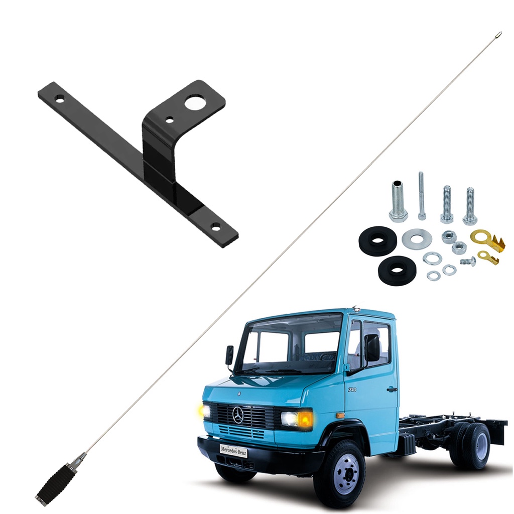 Antena Móvel Px Mini Maria Mole Inox 1,40 metros Suporte Dianteiro Capô Mercedes Benz 3/4 Mercedinho 709 710 Parafusos Anti-Furto
