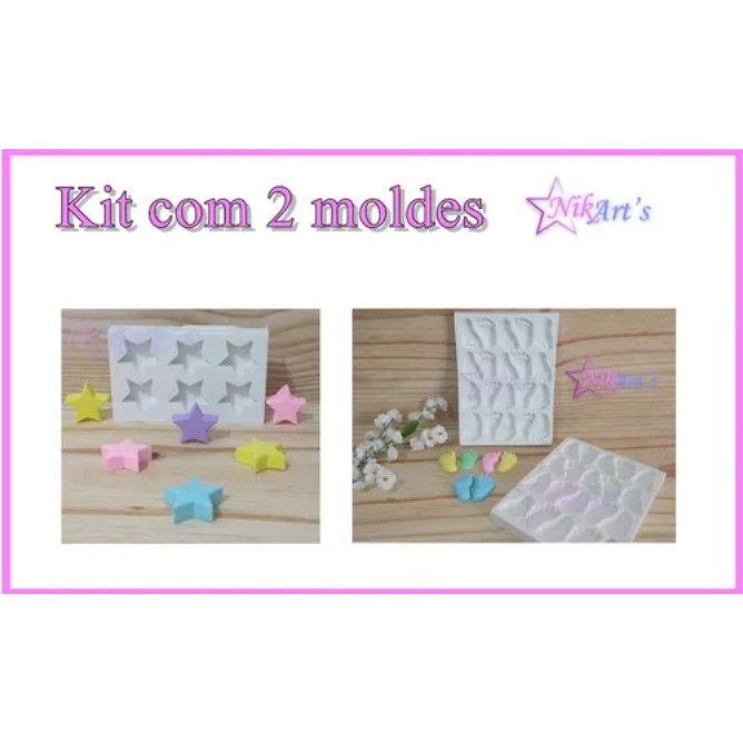 Kit com 2 moldes, forma de silicone,  para sabonetes, biscuit, resina, artesanatos, (1 molde PEZINHO 20 CAV, 1 molde MINI ESTRELA)