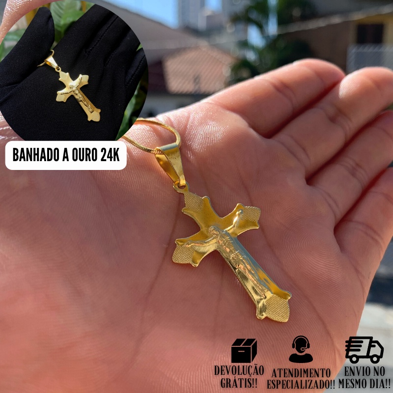 Pingente De Ouro Masculino Religioso Crucifixo Relevo Banhado a Ouro 24