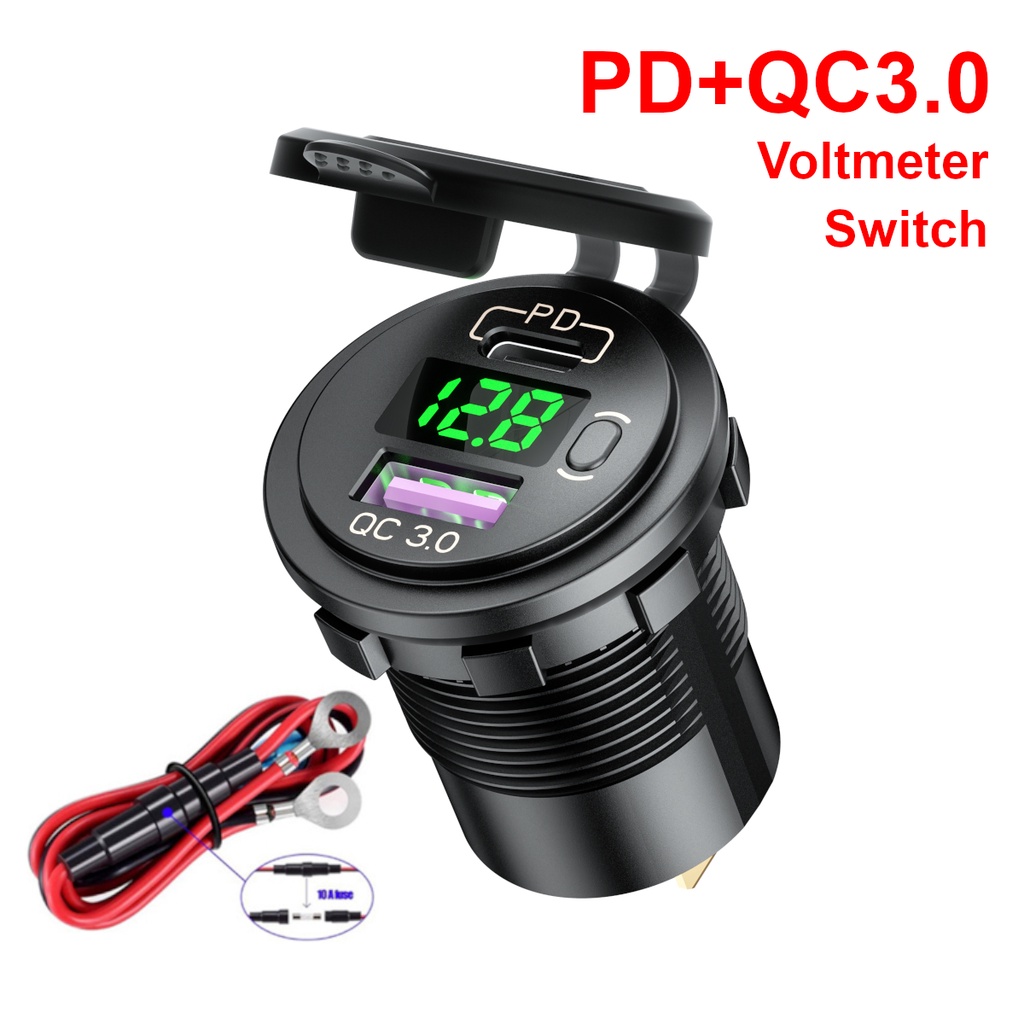 12 V 24 V Carro Pd Tipo C Qc3.0 Usb Tomada Carregador Rápido Com On Off Interruptor Led Voltímetro Tomada De Energia De Carga Rápida À Prova D 'Água Para A Motocicleta Rv Ônibus Barco