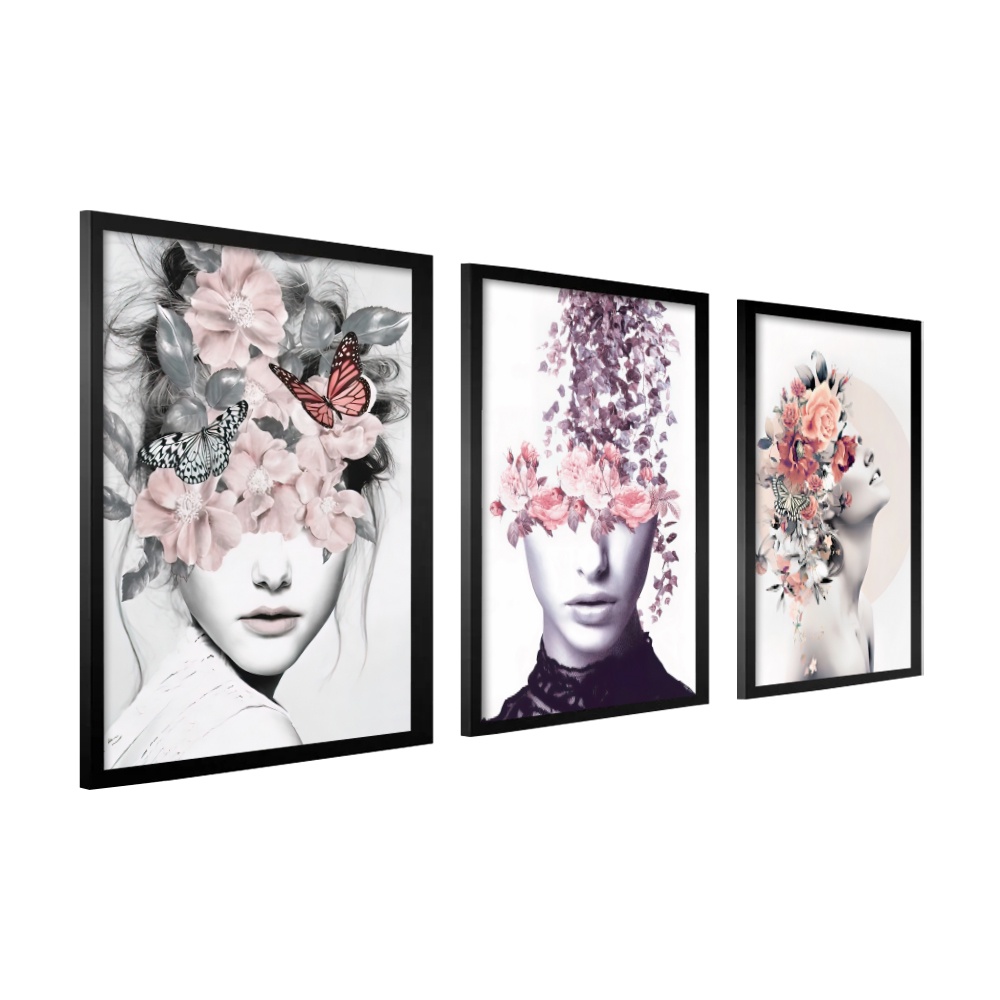 Kit 3 Quadros Decorativos 40X60 Moldura Mulheres Flores Na Cabeça