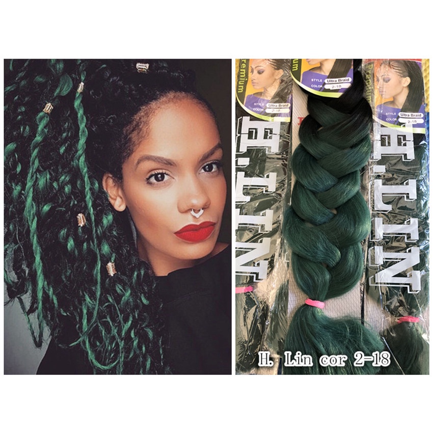 Jumbo 2-18 - Kanekalon Tranças Box Braid Twist Cor Preto com ombre hair californiana verde escuro