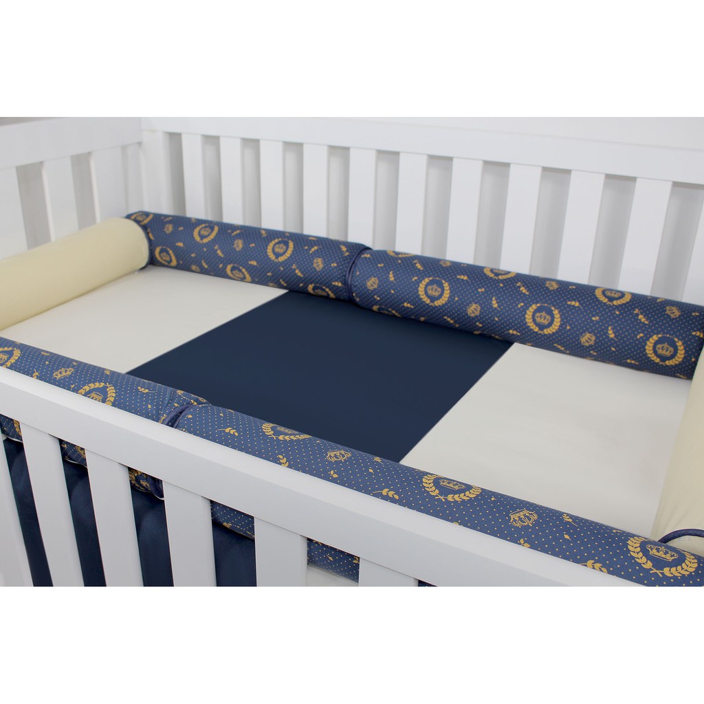 Kit Rolinho Protetor De Berço Realeza Coroa Dourada, Marinho Com Caqui 06 Peças