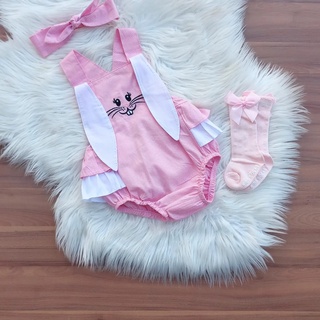 Jardineira Body Romper Bebe Menina Jeans Pascoa Com Tiara (Nao acompanha Meia)