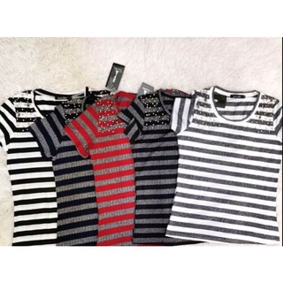 Camiseta Manga Curta listrada De Malha Moda Feminino Z065