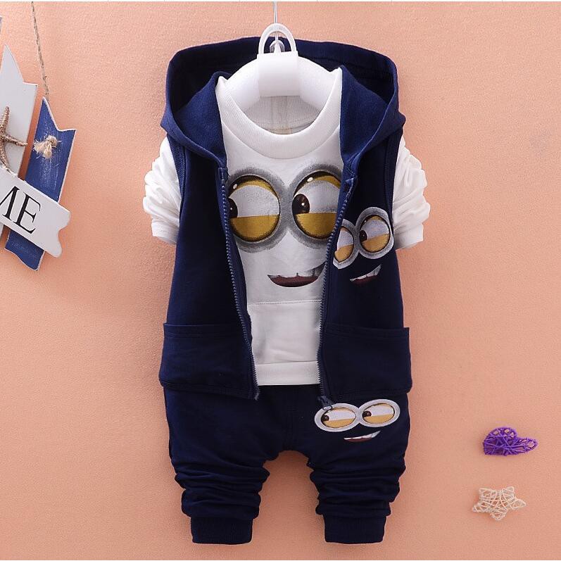 Primavera Outono Criança Meninos Minions 3pcs Conjunto de Roupas Crianças Com Capuz Vest+T-Shirt+Calças Esporte Roupas
