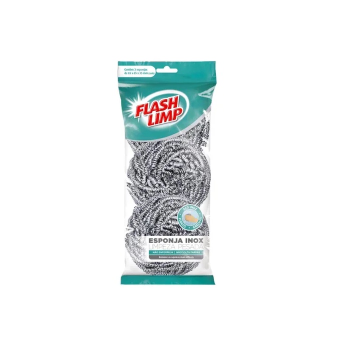 Esponja De Limpeza Pesada Inox Pacote com 3 Unidades Flash Limp
