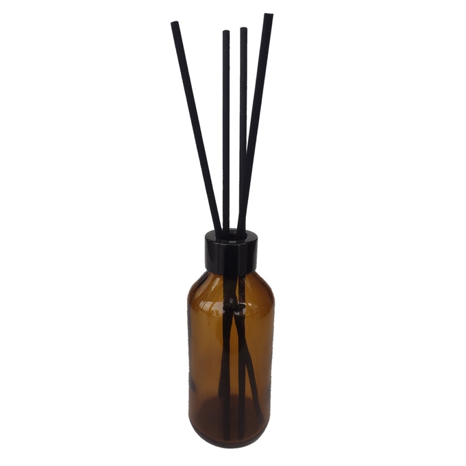 Frasco Ambar vidro 200 ml aromatizador de ambiente com 4 varetas de fibra preta