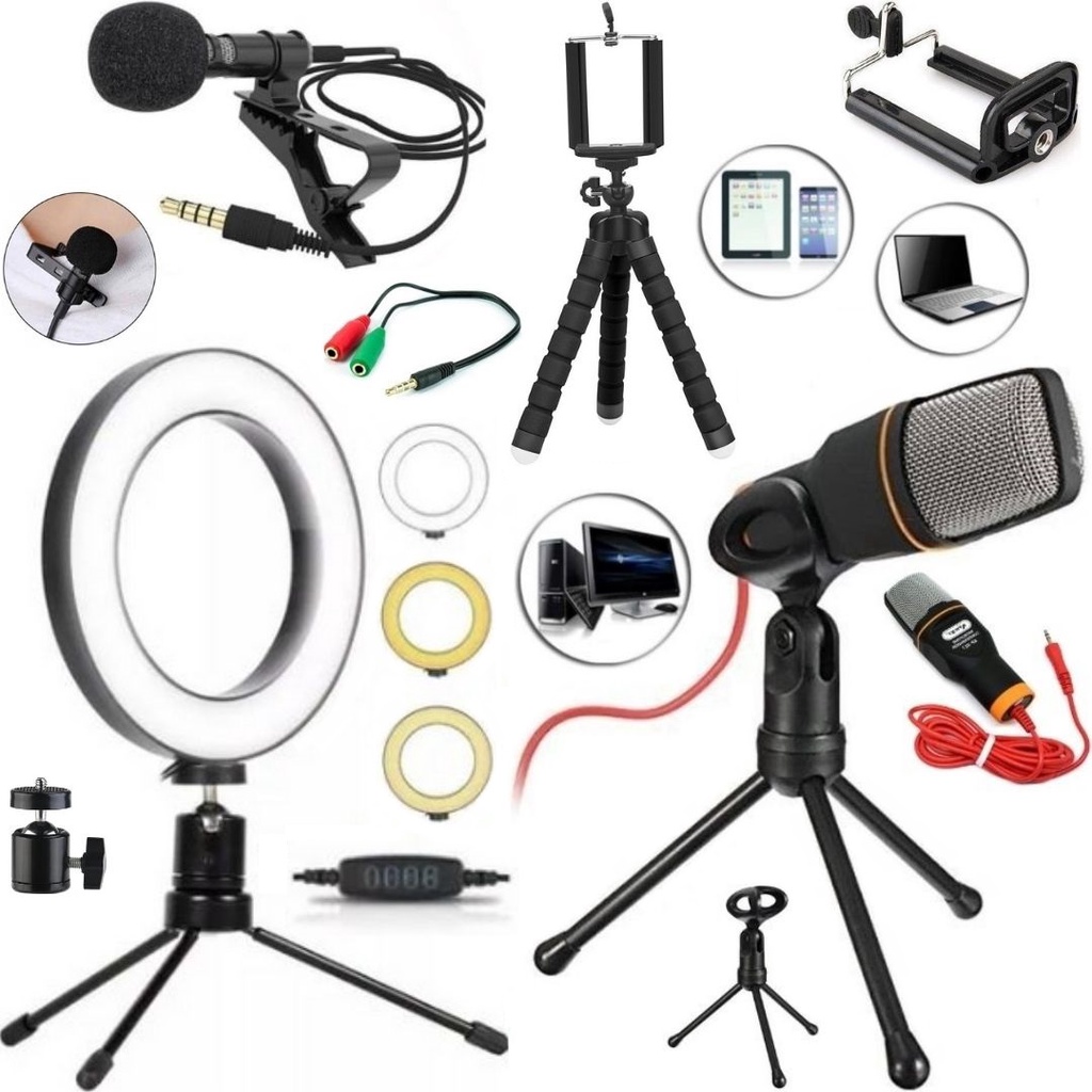 Kit Ring Light Luz Led Microfone Profissional Acessórios Vídeo Aula Conferência Home Office