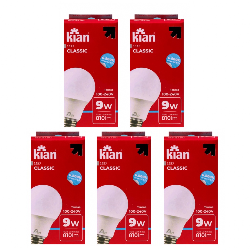 Kit 5 Lâmpadas LED 9w Luz Branca 6500k Bivolt Economica