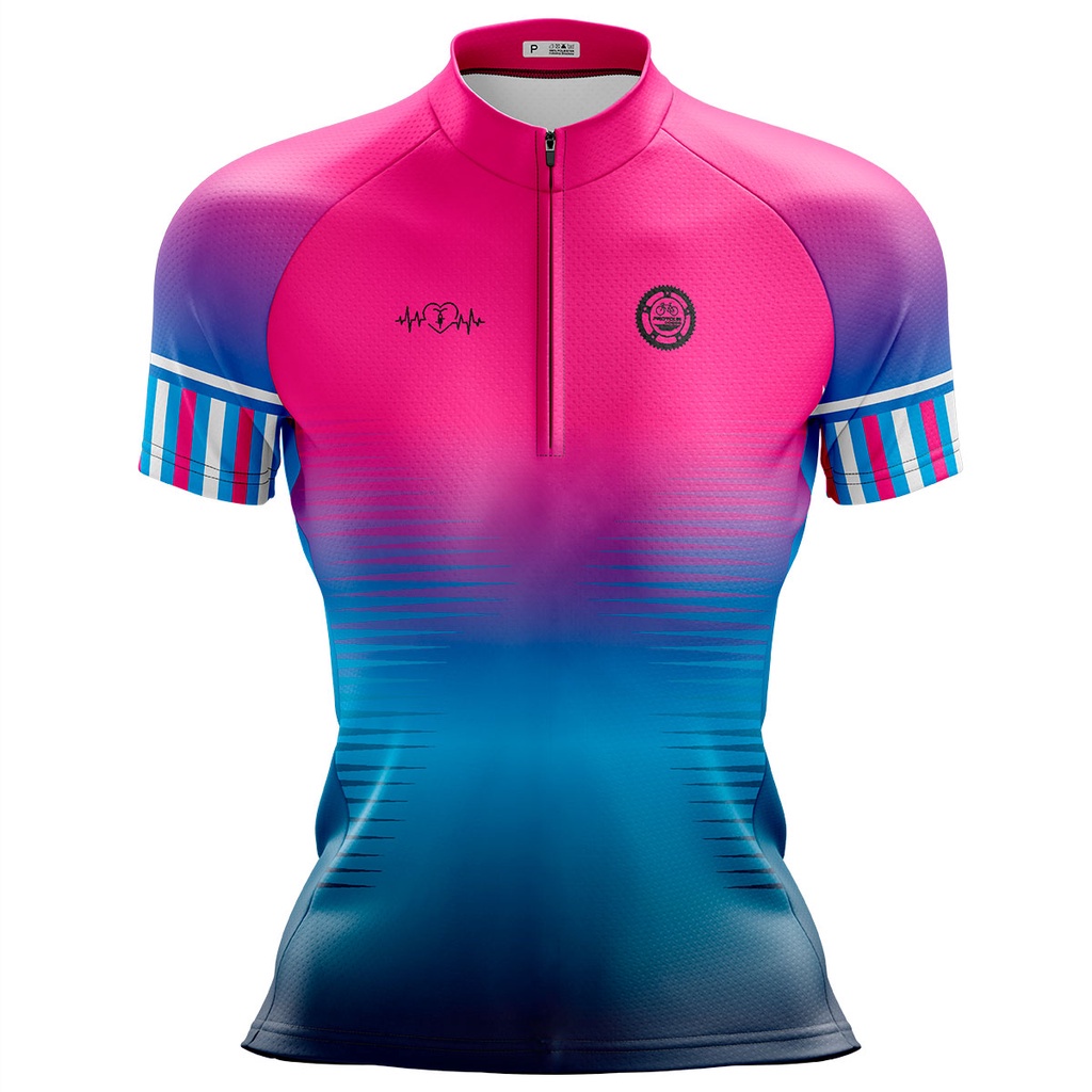Camisa Ciclismo Feminina Dry Fit com Proteção UV Bike MTB Speed Pro Tour Degradê Rosa e Azul