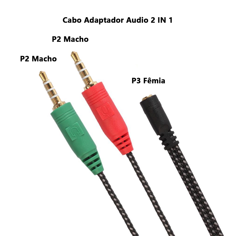 Cabo Adaptador Audio 1 P3 Fêmia X 2 P2 Macho 2 IN 1 Para Fone Com Microfone Headset Pc Notebook