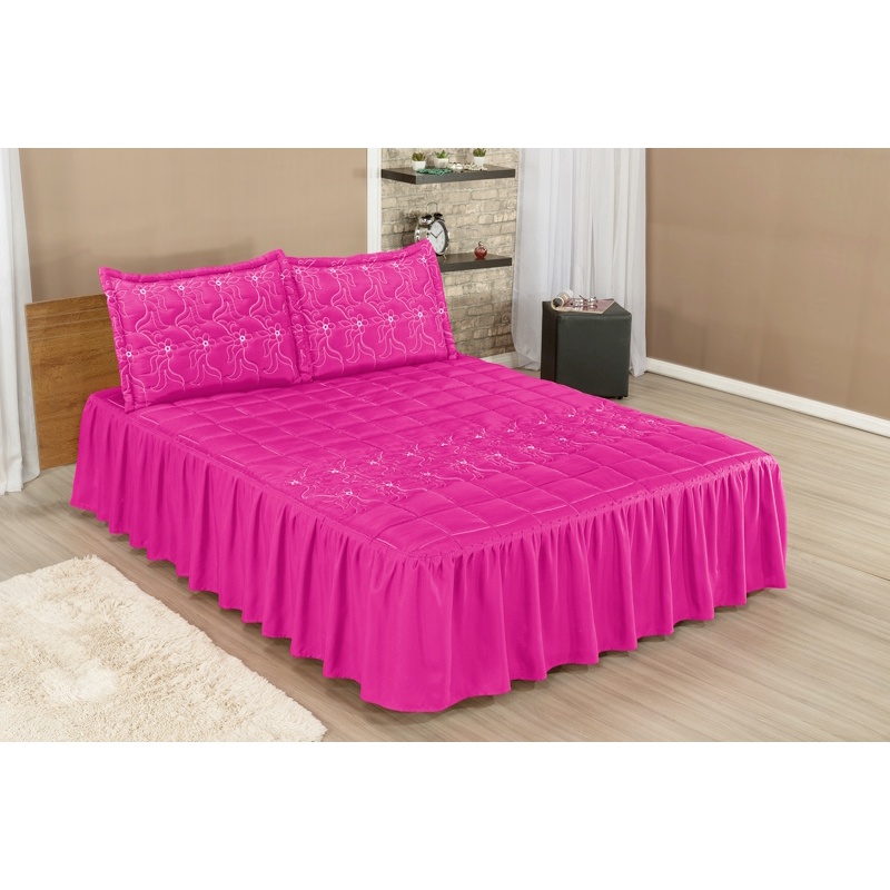 Colcha Bordada Uso Diário Casal Padrão Conjunto 03 Peças Rosa Pink