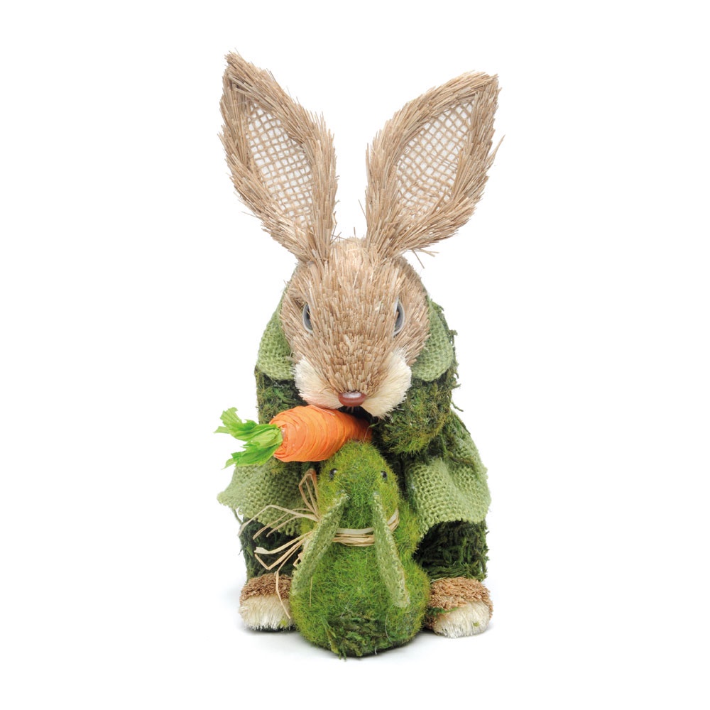 Coelha de Palha com Roupa de Musgo Abraçando Coelhinho 24cm - Coleção Ms&msr Rabbit - Ref 1011242 Páscoa Cromus