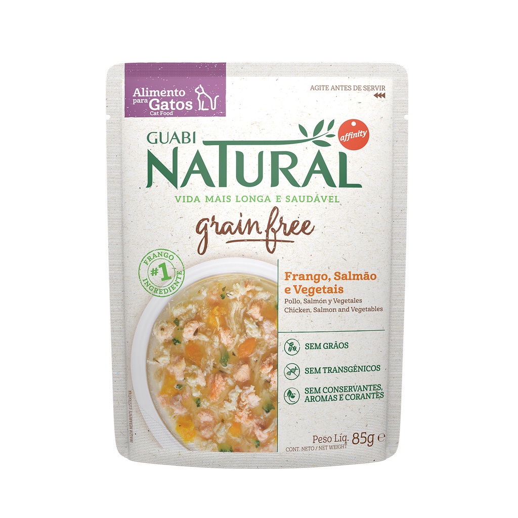 Ração Úmida Guabi Natural Grain Free Frango, Salmão e Vegetais Sachê Gatos Castrados 85 G