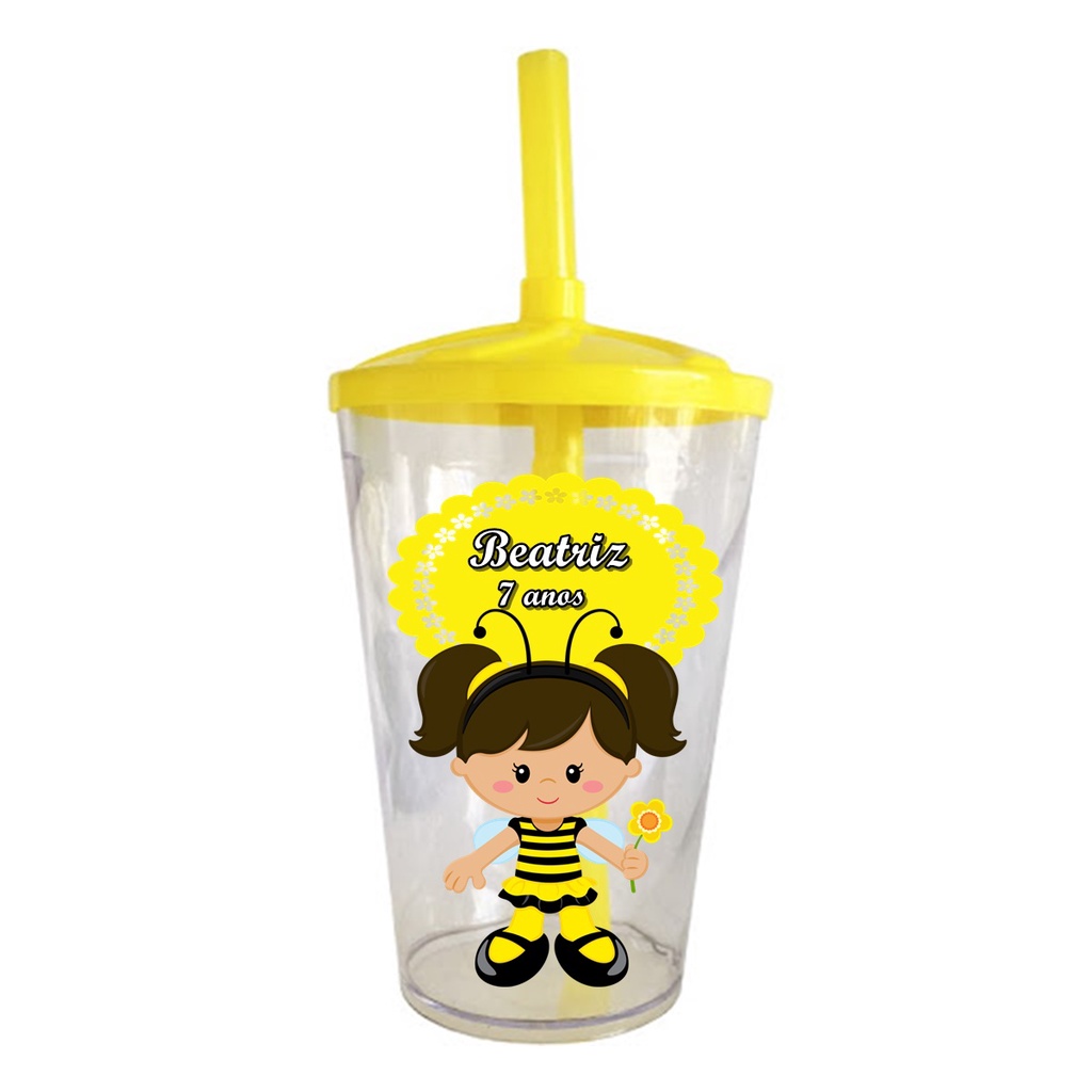30 Copos Twister Shake Personalizado 400ml C/Tampa e Canudo Lembrancinha Abelinha