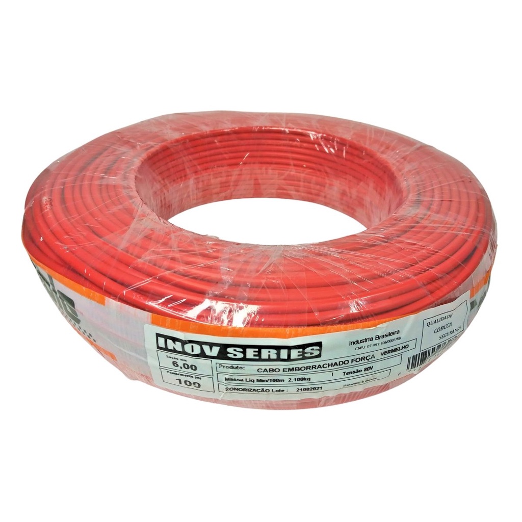 Rolo Com 100 Metros De Cabo Emborrachado 1x6,00mm Vermelho Som Automotivo Alto Falante Instalação Carro 6mm 100m