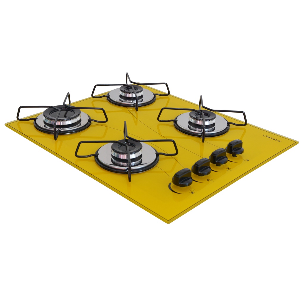 Fogão de Mesa Cooktop À Gás 4 Bocas AMARELO Chamalar Ultra Chama Vidro Bivolt