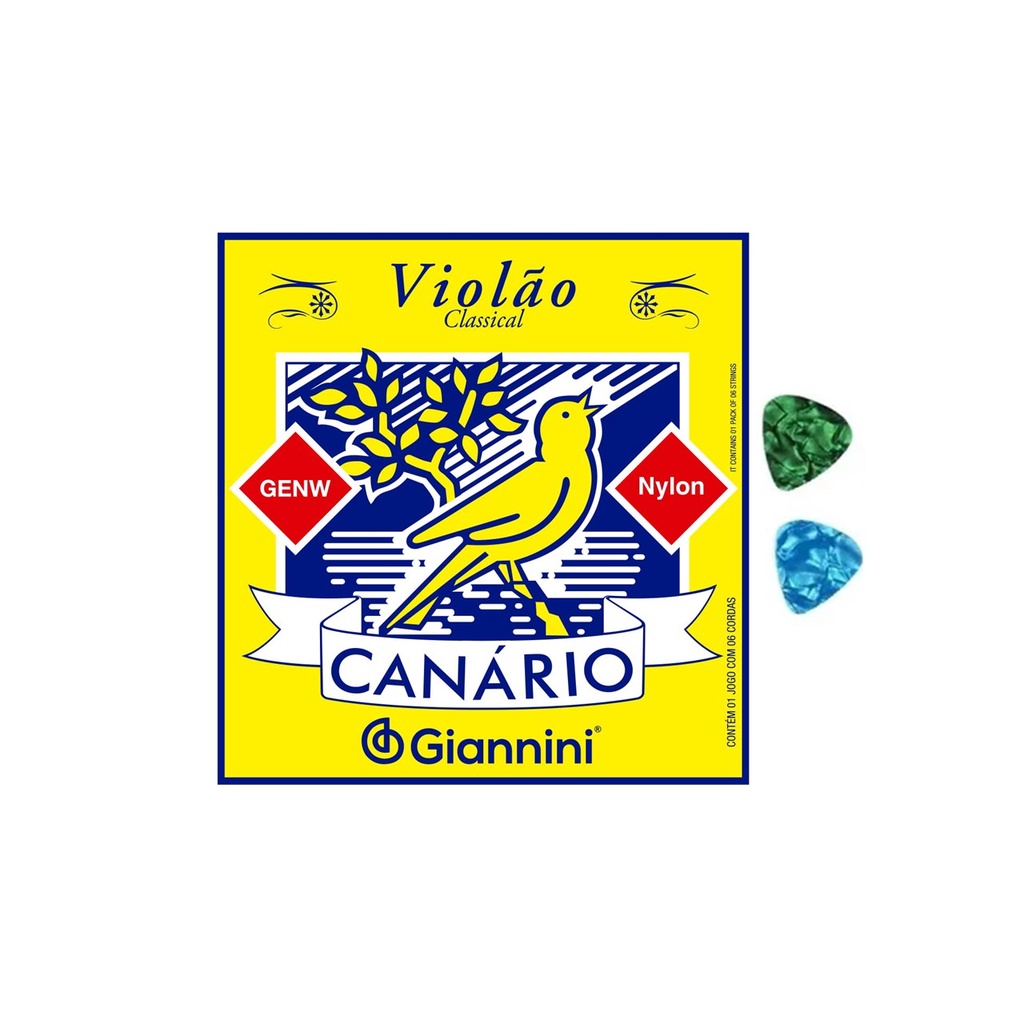Imagem Encordoamento para Violão Náilon 6 cordas Giannini Canário GENW Média sem bolinha + 2 palhetas